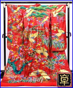 Japanese silk Red Uchikake Wedding Artist's Gold Kinsai Kimono Vintage Rare