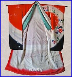 Kimono, Authentic Japanese Furisode, Silk, Red Color, Floral, KF-003