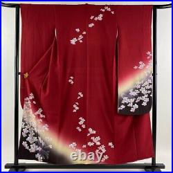 Kimono Furisode Length 155Cm Sleeve 63Cm S Cherry Blossom Dyed Red Pure Silk Mas