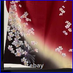 Kimono Furisode Length 155Cm Sleeve 63Cm S Cherry Blossom Dyed Red Pure Silk Mas