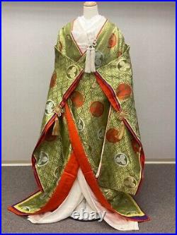 Kimono Iro Uchikake red-green Oak pattern pure silk From Japan JP