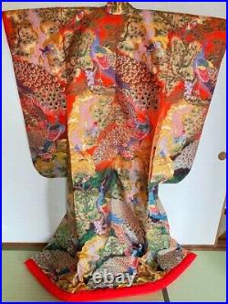 Kimono Iro Uchikake vermillion red Sagara all hand embroidery pure silk JP