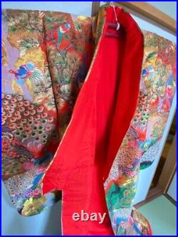 Kimono Iro Uchikake vermillion red Sagara all hand embroidery pure silk JP