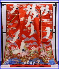 Kimono Japanese silk Red Uchikake Wedding Embroidery Flying cranes Vintage Rare