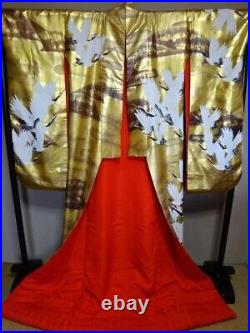 Kimono Uchikake Hand-painted Yuzen Akira Akiyama Pure Silk Red-crowned cranes