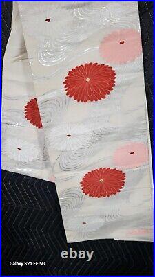Maru Obi Silk Front Japanese Kimono traditional belt. White, Pink, and Red
