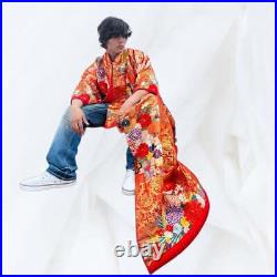 Men's Uchikake Traditional Japanese Wedding Kimono Orange Red Gold Robe Silk