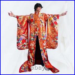 Men's Uchikake Traditional Japanese Wedding Kimono Orange Red Gold Robe Silk