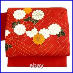 Nagoya Obi Kimono 993 Tailored Silk Chrysanthemum Pattern Floral Red White Ora