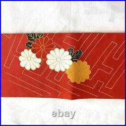 Nagoya Obi Kimono 993 Tailored Silk Chrysanthemum Pattern Floral Red White Ora