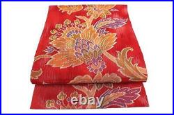 Obi KImono Fukuro Stylish Red Blurred Chinese Flower 4M16Cm Formal Pure Silk