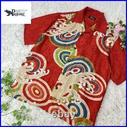 Pagong Aloha Shirt Japanese Style Pattern Red Used SizeL Silk 100% Made in Japan