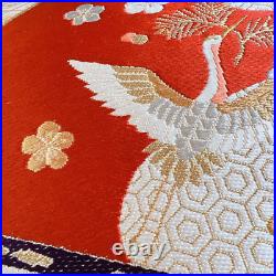 Pure Silk Fukuro Obi Belt White Red Gold Tsuru Crane Japanese Traditional Fan