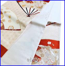 Pure Silk Fukuro Obi Belt White Red Gold Tsuru Crane Japanese Traditional Fan