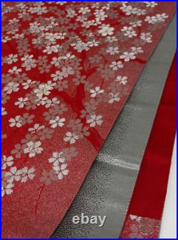Pure Silk Obi Belt Red White Sakura Cherry Blossoms Japan Spring Elegant Design