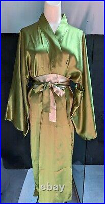 Red Envelope 100% Silk Kimono Robe with Obi Belt Luxe Chartreus Green S/M