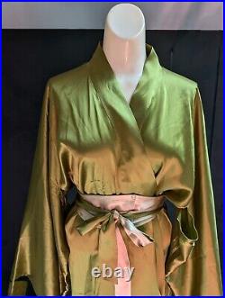 Red Envelope 100% Silk Kimono Robe with Obi Belt Luxe Chartreus Green S/M