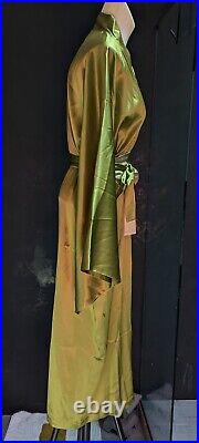 Red Envelope 100% Silk Kimono Robe with Obi Belt Luxe Chartreus Green S/M