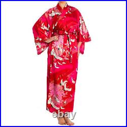 Silk Crane Print Long Red Japanese Kimono