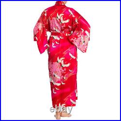 Silk Crane Print Long Red Japanese Kimono