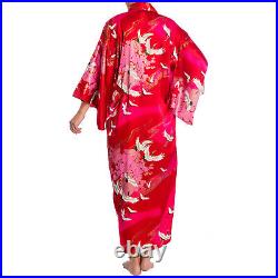 Silk Crane Print Long Red Japanese Kimono