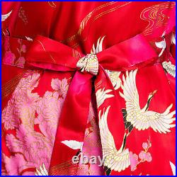 Silk Crane Print Long Red Japanese Kimono