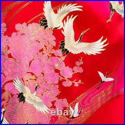 Silk Crane Print Long Red Japanese Kimono