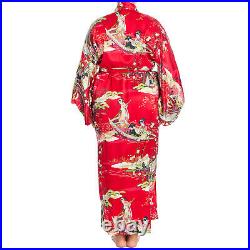 Silk Ukiyoe Print Long Red Japanese Kimono XL