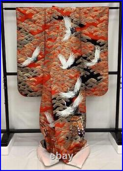 Uchikake Dress Japanese Kimono Robe Flying Crane Red Black Jacket Cosplay Silk
