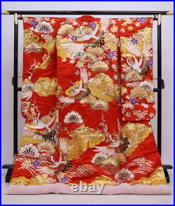 Uchikake Kimono Japan, Pure Silk, Red Background, Flying Cranes On Pine, Condit