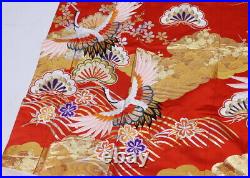 Uchikake Kimono Japan, Pure Silk, Red Background, Flying Cranes On Pine, Condit