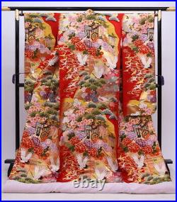 Uchikake Kimono Japan Pure Silk, Red Ground, Flying Cranes In Full Bloom, Condit