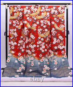 Uchikake Kimono Japan, Pure Silk, Used, Deep Red, Cranes Flying In Full Bloom
