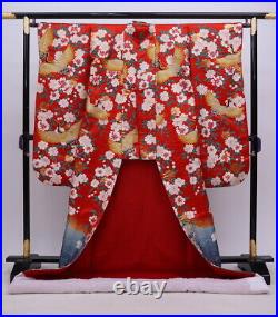 Uchikake Kimono Japan, Pure Silk, Used, Deep Red, Cranes Flying In Full Bloom