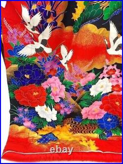 Uchikake Kimono Japanese Wedding Robe Silk Crane Flower Design Red Blue F/S