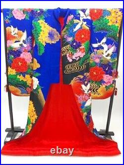 Uchikake Kimono Japanese Wedding Robe Silk Crane Flower Design Red Blue F/S
