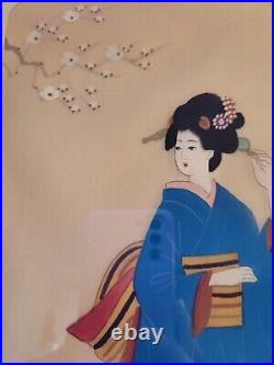VTG Geisha Girl Japanese Art Painting On Silk Fabric Framed Signed Red Seal