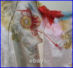 Vintage Japan Silk Wedding Kimono Embroidered Crane Birds WhiteSilver&Red Floral