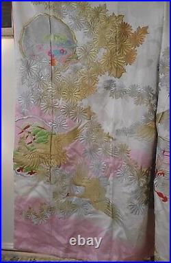 Vintage Japan Silk Wedding Kimono Embroidered Crane Birds WhiteSilver&Red Floral