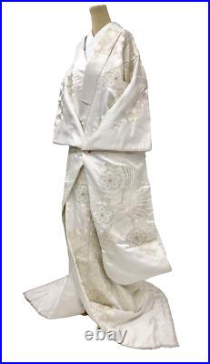 Vintage Japanese Pure Silk Kimono Uchikake Wedding White Crane embroidery (u64)
