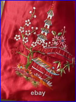 Vintage Japanese Red Embroidered silk kimono cherry blossom robe L