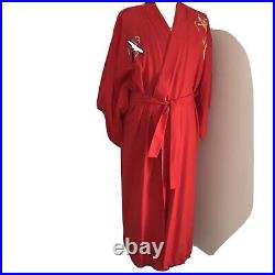 Vintage Japanese Red Kimono With Full Beautiful Embroidery Red Silk Lined OS