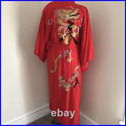 Vintage Japanese Red Kimono With Full Beautiful Embroidery Red Silk Lined OS