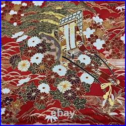 Vintage Japanese Wedding Kimono Silk flower Gold Red Robe KimonoDress Furisode