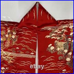 Vintage Japanese Wedding Kimono Silk flower Gold Red Robe KimonoDress Furisode