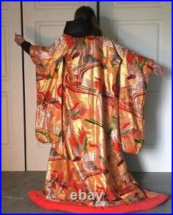 Vintage Japanese Wedding Uchikake Gold Silk Kimono Mandarin Duck Robe Red Birds