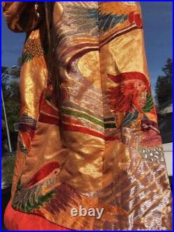 Vintage Japanese Wedding Uchikake Gold Silk Kimono Mandarin Duck Robe Red Birds