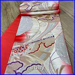 Vintage Japanese beautiful Kimono Fukuro Obi Silk Japa style Pattern Red silver