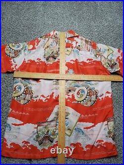 Vintage Kahala Silk Hawaiian Shirt Medium Mens Red Japanese Art Samurai 40s 50s