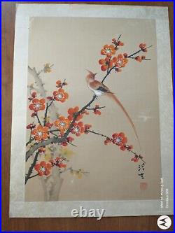 Vintage Original Japanese Silk Watercolor Long Tail Red Bird in Orange Blossoms